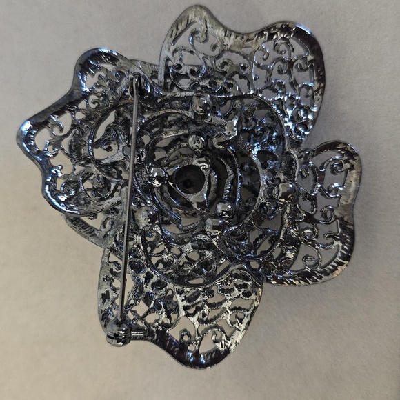 Vintage Statement Silver Blue Rhinestone Rose Flower Brooch Pin - Picture 3 of 9